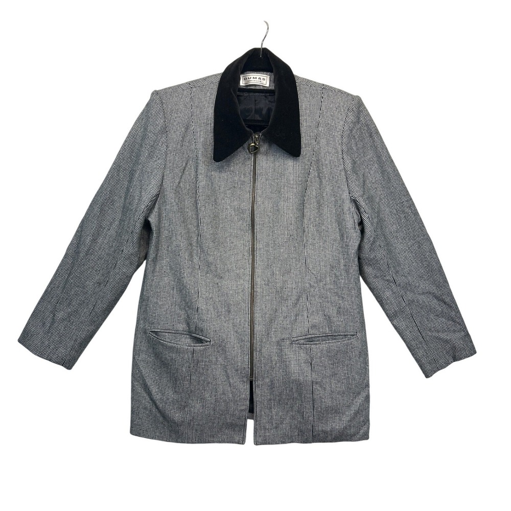 Vtg Dumas Jacket Womens 10‎ Black White Houndstooth Velvet Collar Classic
